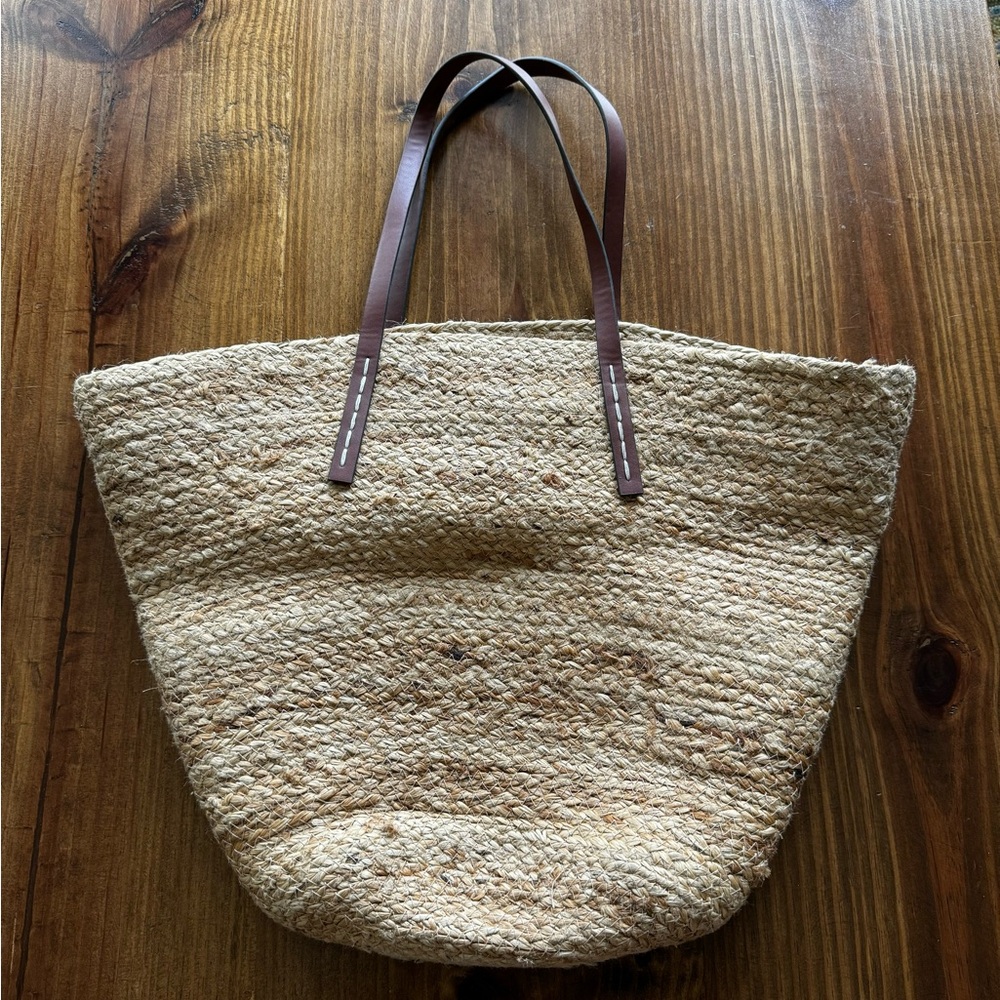 Mango Natural Woven Tote Bag with Brown Straps